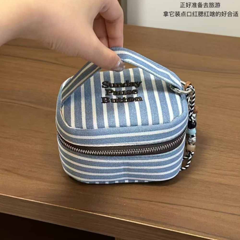 Portable Blue White Striped Sq - Cosmetic Bags ulasan dan harga
