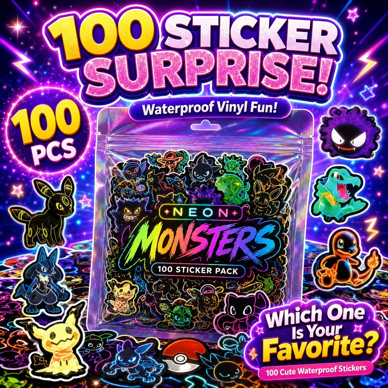 100pcs Neon  Pokémon  Stickers - Handbags ulasan dan harga